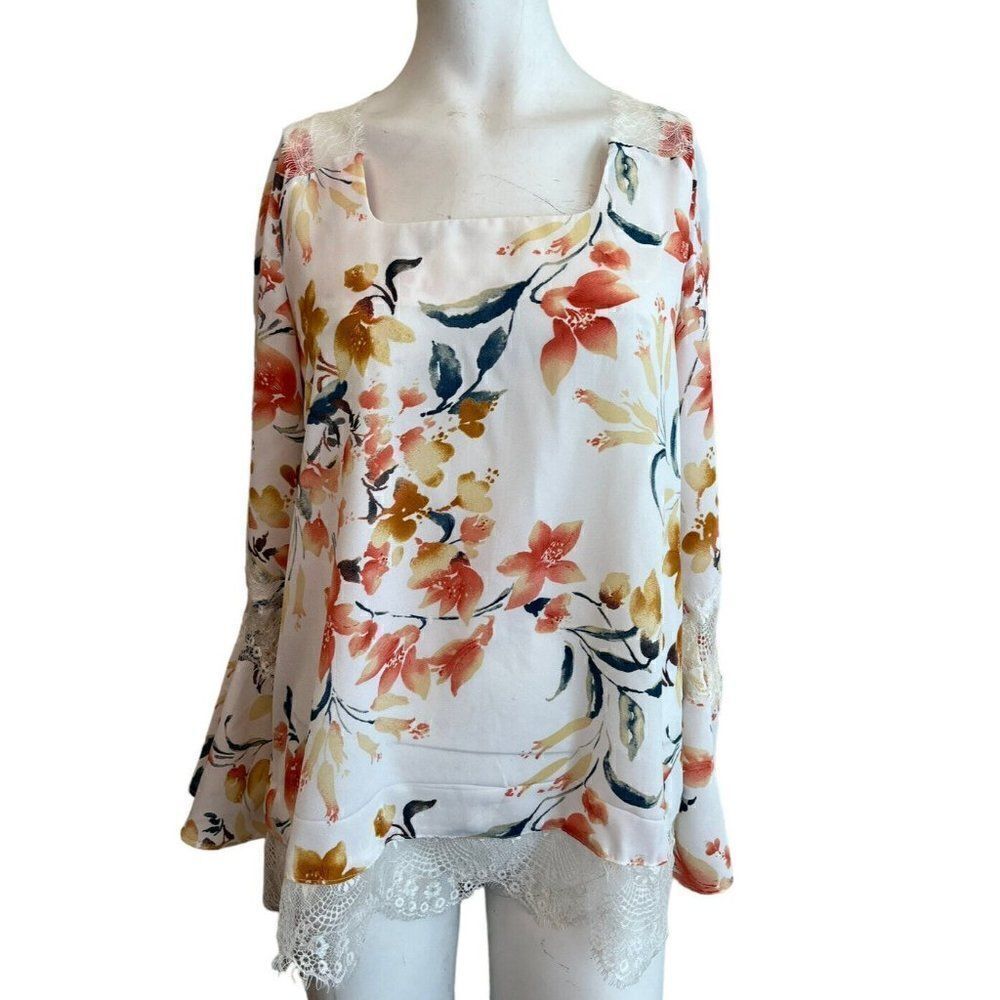 Women's Medium Blouse Off White Floral Lace Trim Top Bell Sleeves NY Collection